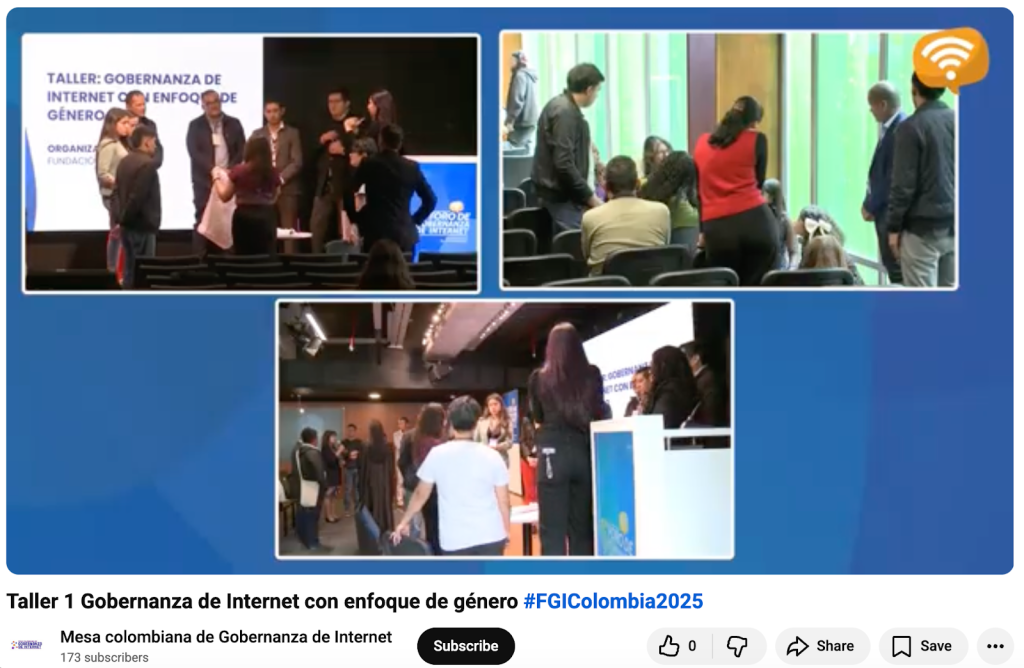 A screenshot from the recording of the Internet Governance with a Gender Focus peer-to-peer learning dialogue at IGF Colombia 2025 showing three break-out groups