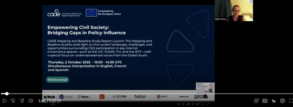 Marie L'Hostis (Forus) moderating the discussion during the public online discussion on 2 October 2025