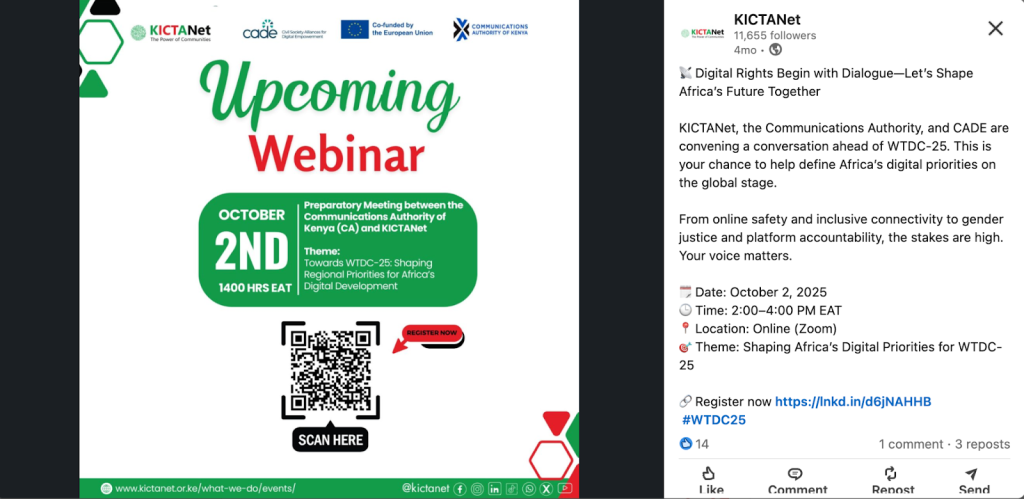 A LinkedIn post published by KICTANet as part of the social media outreach and invitation for the event